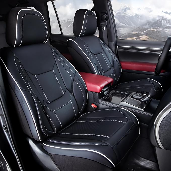 Coverland Custom Truck Car Seat Covers Front Seats for [2010-2014 F150 SVT Raptor SuperCrew Cab] - Protector Water Resistant Leather Memory Form Seat Cushion [Front - Black with White Stitching]