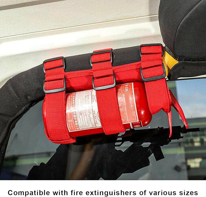 Ohleats Roll Bar Fire Extinguisher Holder, Adjustable Fire Extinguisher Mount Strap with American Flag Pattern, Car Accessories Fixed Belt for Wrangler JK JKU TJ CJ Gladiator (Red-2PCS)