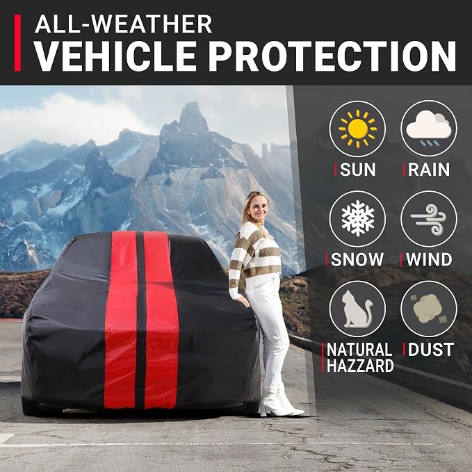 iCarCover Premium Heavy Duty Car Cover - Waterproof All Weather Rain UV Protection, El Camino, Monte Carlo, Thunderbird, Cutlass, Roadrunner, Belvedere, Size C18 (See Size Chart), Stripe - Black/Red