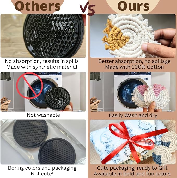 Cotton Car Coasters for Cup Holders, 2PC Car Cup Coasters, Drink Coaster Holder, Cute cupholder Coaster Accessories for Women, Macrame, Boho (Golden Glow)