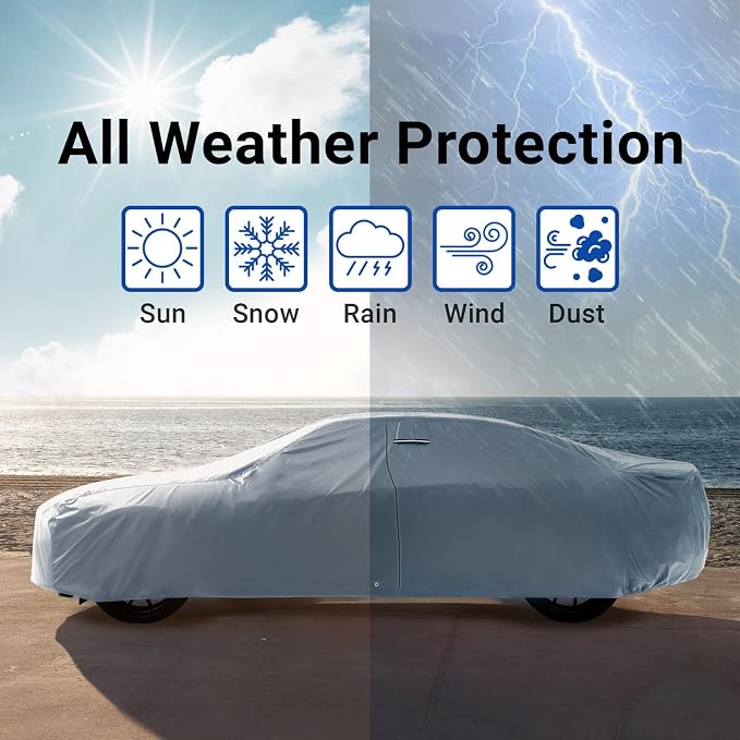 iCarCover 18-Layers Premium Universal Fit Car Cover Waterproof All Weather Sun Rain Snow UV Protection Outdoor Indoor Full Exterior Car Covers for Automobiles Sedan Hatch Coupe Fit for 194-198 inch