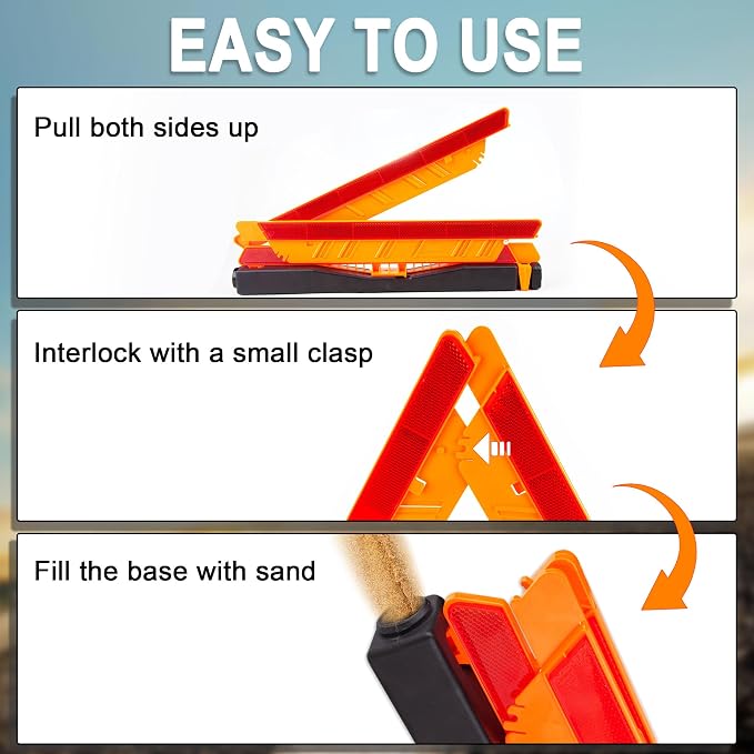 CARTMAN 3PK DOT Warning Triangles with Empty Base & Storage Case | No pre-filled sand, fill sand yourself for stability, high visibility reflectors meet US FMVSS 571.125 safety specs