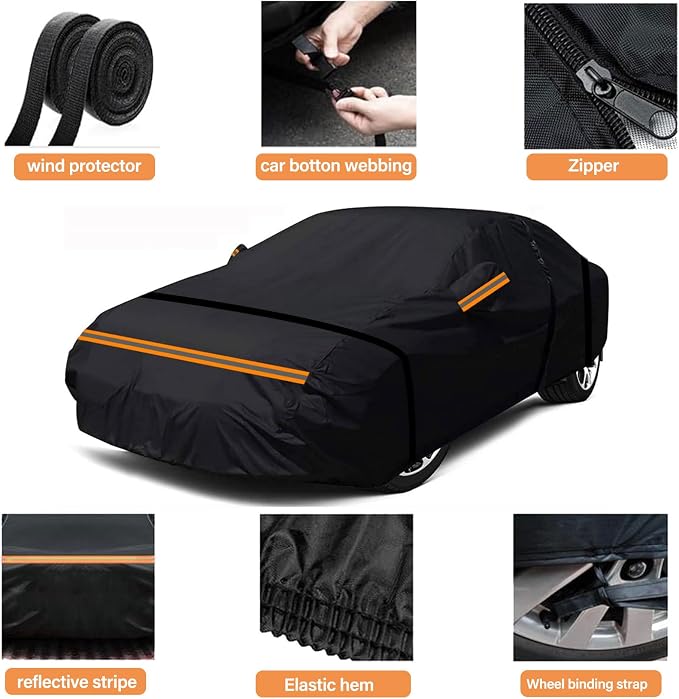 600D Heavy Duty Car Cover Custom Fit for Sedan Length 175-185 inches, Waterproof Outdoor Full Car Cover with Door Zipper, Windproof Snowproof Hail Protection, Black