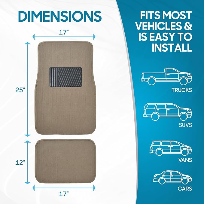 Beige Heavy Duty Front & Rear Carpet Floor Mats Universal Liners for Car SUV Van & Truck, All Weather Protection with Anti-Slip Nibs, Fit Contours of Most Vehicles