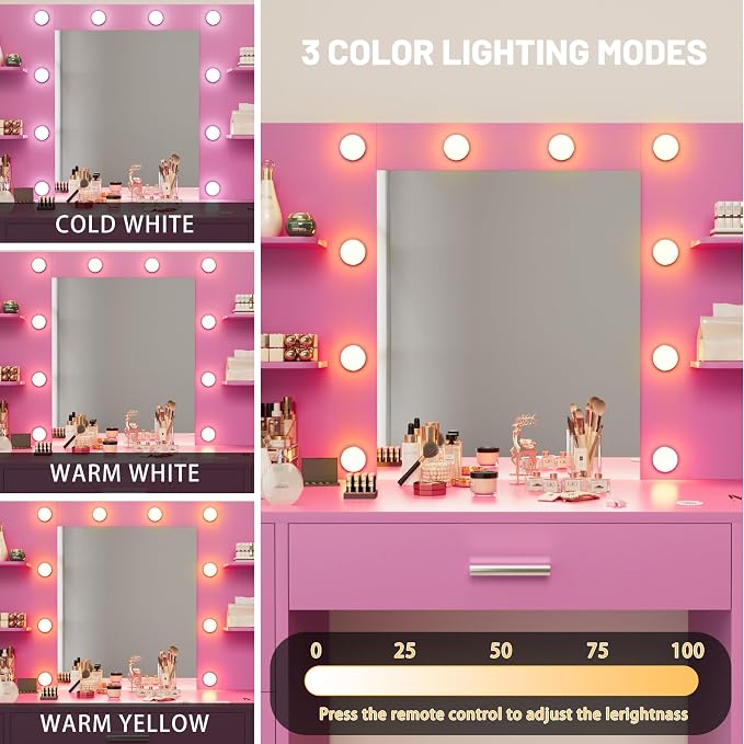 Furmax Vanity Desk with Mirror, LED Lights and Power Outlet Makeup Vanity Table with 7 Drawers and 6 Storage Shelves Dressing Table for Bedroom Dressing Room (Pink)