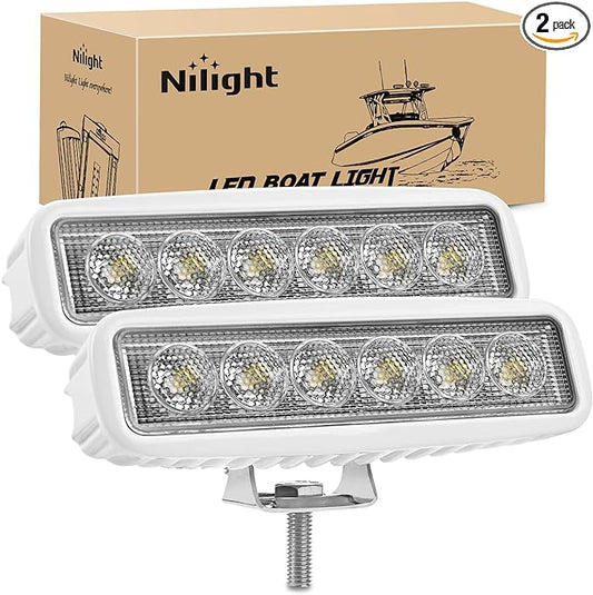 Nilight Marine Led Light Bar 2PCS 18w White 150° Flood Beams Ponton Boat Deck Dock Lights IP67 Waterproof for Night Fishing T-top Stern Yacht Kayak Port Sailboat