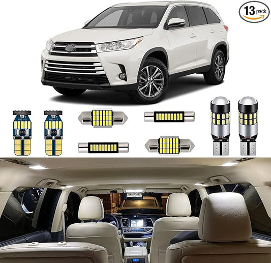 AUTOGINE 13 Piece White Interior LED Lights Kit for Toyota Highlander 2014 2015 2016 2017 2018 2019 Super Bright 6000K Interior LED Light Bulbs Package + Install Tool