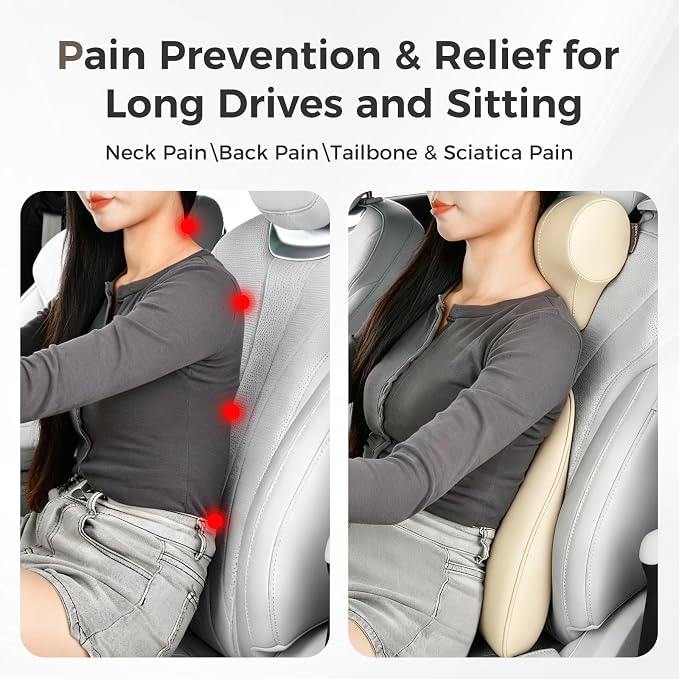 Coverado Lumbar Support Pillow for Car, Ergonomic Memory Foam Back Pillow for Office Chair, New Back Cushion for Pain Relief, PU Leather Car Lumbar Support for Driving Seat