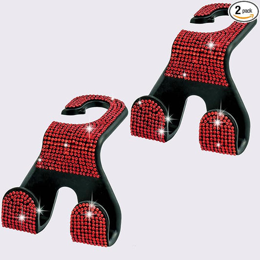Bling Car Purse Hooks 2Pcs, Rhinestones Car Headrest Hook Backseat | Double Hooks,Holds 44Lbs,Wide Opening,Durable Nylon,Car Seat Hook,Purse Holder,Bling Car Accessories for Women,Red