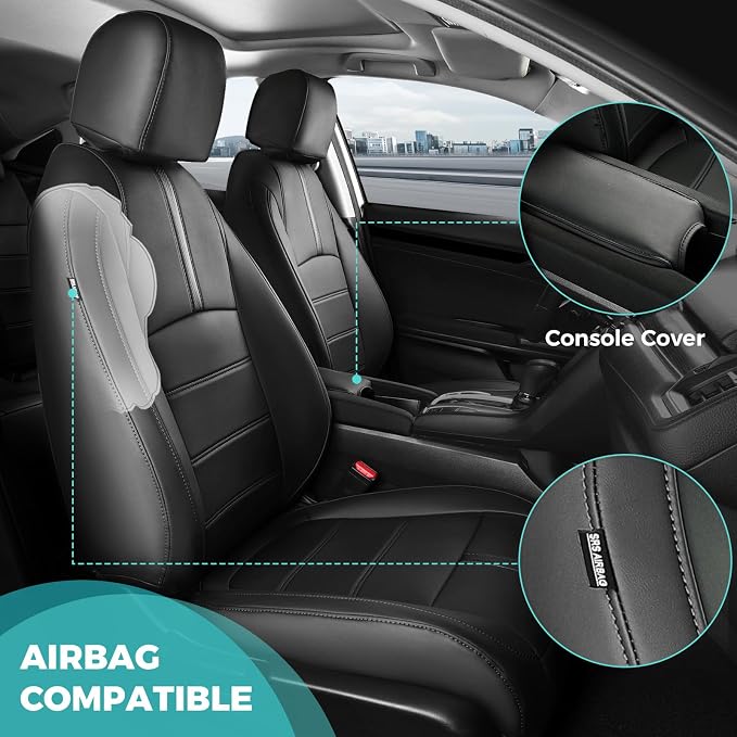 Seat Covers for Honda Civic Sedan EX-L, EX-T, EX, Touring, Sport 2016-2021, Faux Leather Car Seats Cover Full Set Waterproof Black (60/40 Split Seatback-with Rear Armrest)