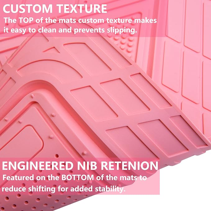 CAR PASS Heavy Duty Rubber Floor Mats 4-Piece,Pink Car Mats Full Sets Anti-Slip,Waterproof Universal Trim-to-Fit for Car SUV Truck, Durable All Weather Automotive Car Mats for Women,Girly(All Pink)
