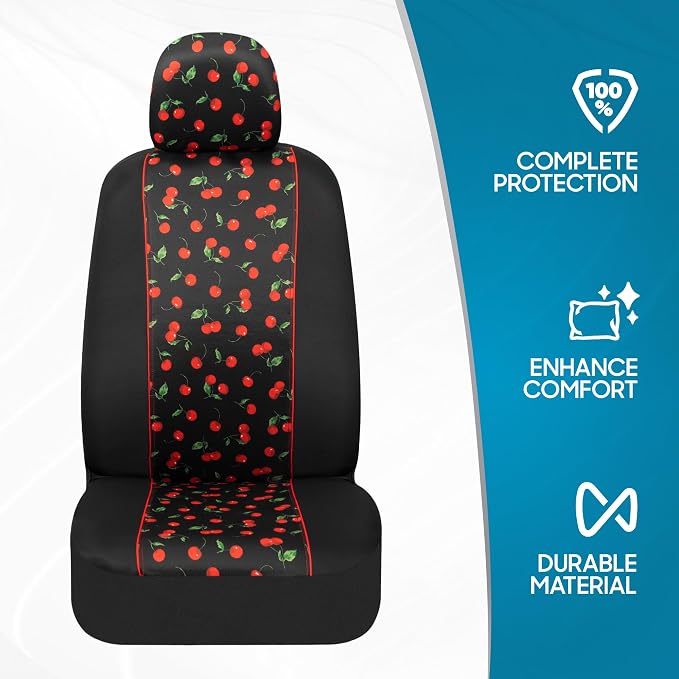 BDK Red Cherry Car Seat Covers for Front Seats, 2 Pack – Classic Pattern with Matching Headrest, Sideless Design for Easy Installation, Fits Most Car Truck Van and SUV