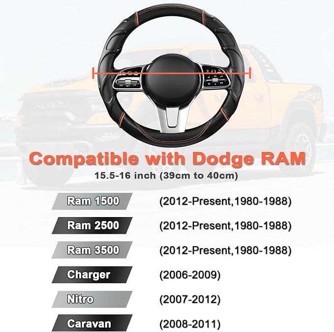 West Llama Customized Auto Car Steering Wheel Cover for Dodge RAM 1500 2500 3500, 15.5-16 inch(Black+Orange-Large Size)