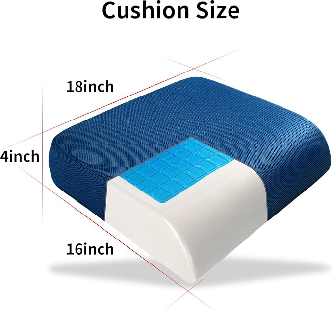 YOUFI Thick Memory Foam & Gel Seat Cushion, 18"X16"X4" Large Chair Cushion for Wheelchair Mobility Scooters, with Non-Slip Bottom and Carry Handle (Blue)