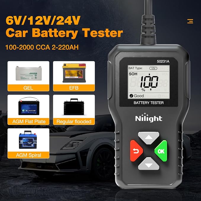 Nilight Car Battery Tester 6V 12V 24V Accurate Digital Auto Analyzer 100-2000 CCA Voltage SOH SOC Internal Resistance Test for Cars Trucks SUV ATV Boats Motorcycles Vehicle
