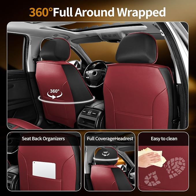 Fit Murano Car Seat Covers Compatible with Nissan Murano 2007-2024 2025 2026.Full Coverage Waterproof Leather,Compatible with Airbag,All - Weather Seat Cushion Protector(2 Front,Red)