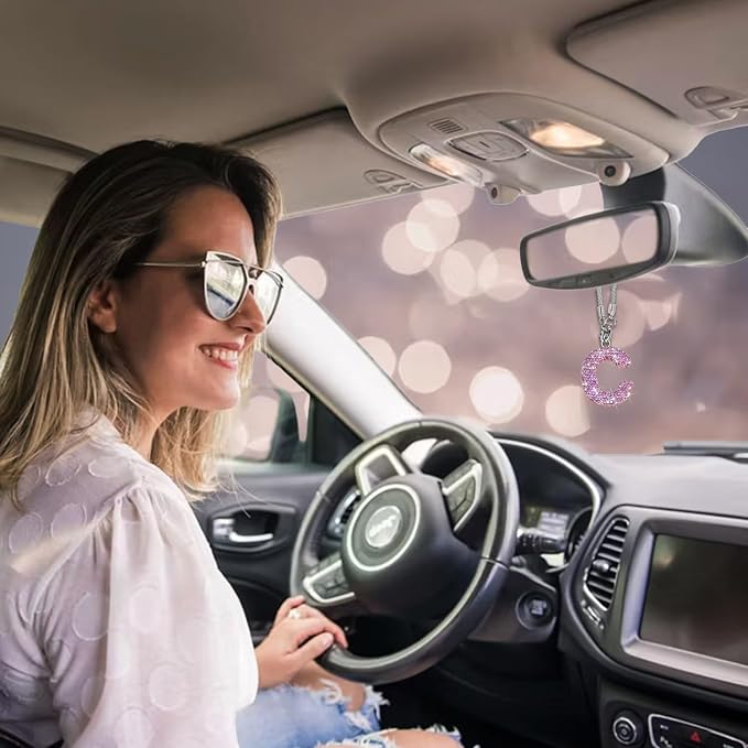 Bling Pink Car Accessories for Women Letter Charm, Rainbow Color Rear View Mirror Cute Crystal Pendant Car Decorations, Lucky Gifts Girly Diamond Rhinestone Charm Interior C