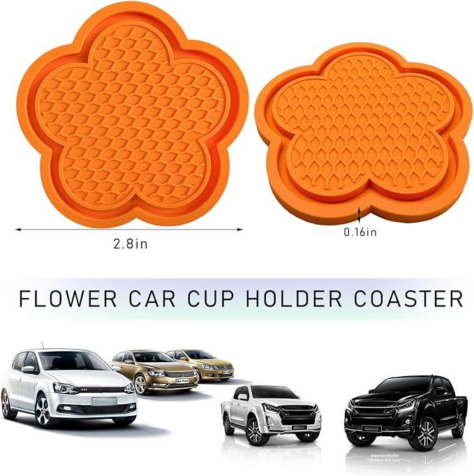 DXNQ 4 PCS Car Cup Coasters, Cute Flower Shaped Car Cup Holder Mat, PVC Waterproof Anti Slip Vehicle Cup Holder Insert Coaster, Universal Car Interior Decor Accessories (Orange)