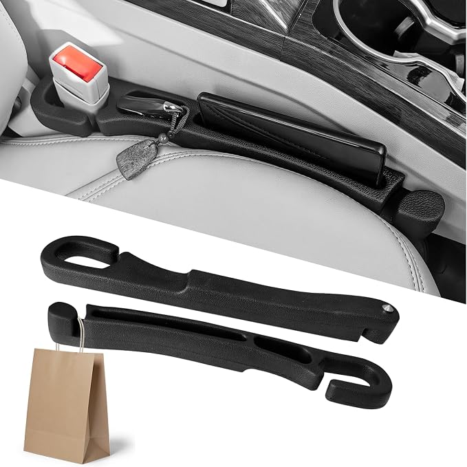 Car Seat Gap Filler with Organizer Hook & Emergency Glass Breaker (2-Pack) | Prevent Small Items & Tools from Falling Ultimate Seat Side Gap Fits Cars, SUVs, Trucks & Sedans