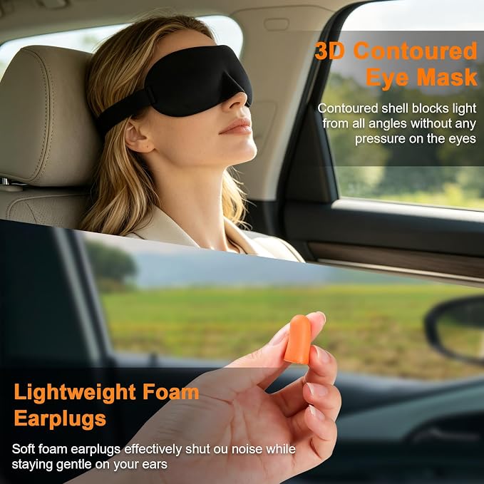 Travel Pillow - Hooded Neck Pillow Airplane Memory Foam Filling for Plane, Office, Cars Sleeping, Road Trip, Long Flights, Airplane Travel Essentials, Includes Eye Mask & Earplugs (Green)
