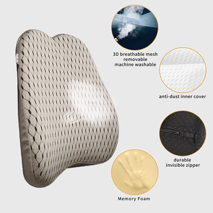 Memory Foam car Lumbar Support Pillow - Memory Foam Back Cushion - Used for car Seats, Office Chairs, recliners, Sofas, etc. (Beige)