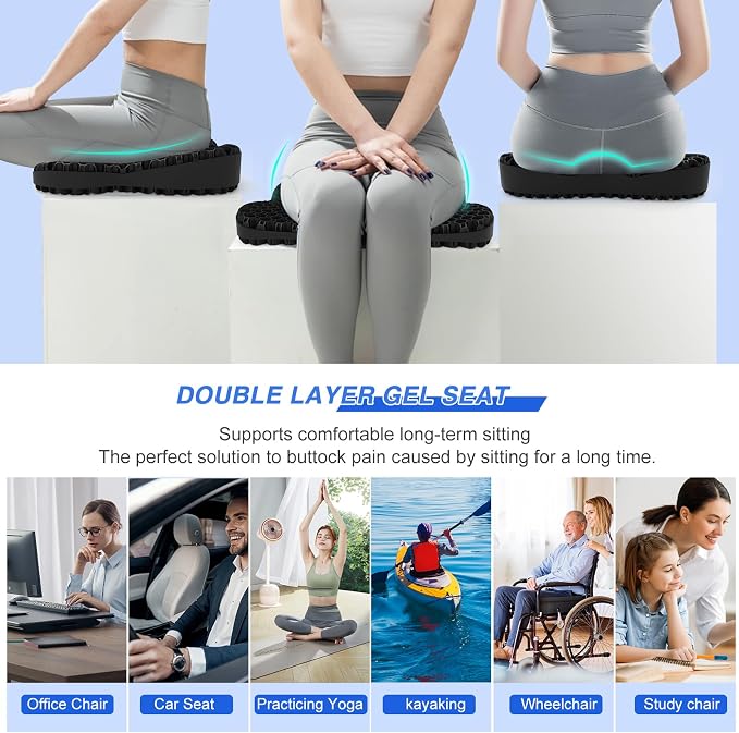 Thicken 19.7in Seat Cushion, Gel Seat Cushion for Long Sitting–Office Chair, Wheelchair, Car Cushion, Large Cooling Pad for Back Pain, Sciatica, Tailbone Pain Relief