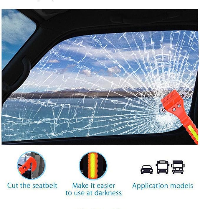 2PCS Car Safety Hammer Emergency with Seat Belt Cutter and Vehicle Window Glass Breaker | for Escape Tool with Reflective Tape