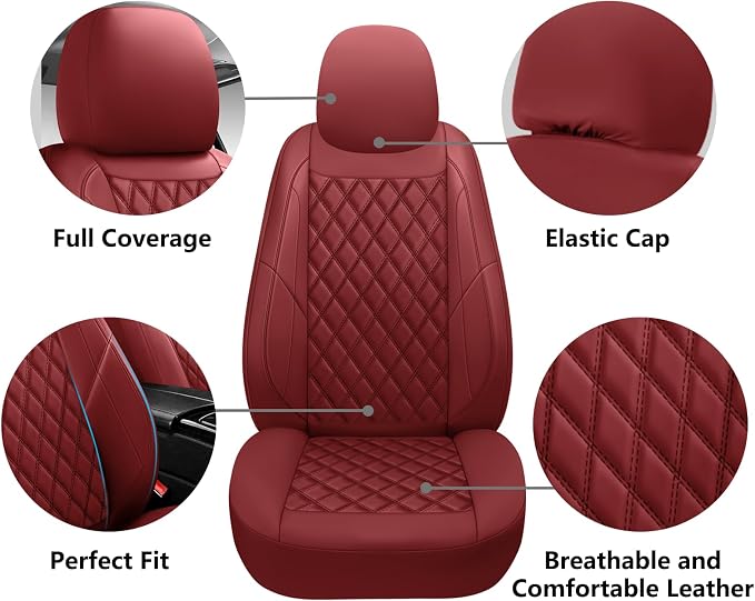 Premium Leather Car Seat Covers Front Pair,Universal Fit for Cars,Trucks&SUVs,Waterproof Car Seat Cushion,Full Coverage Car Seat Protector with 2 Seats,Wine Red