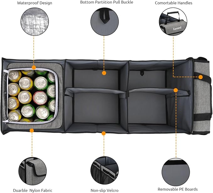 Collapsible Trunk Organizer with Insulated Leakproof Cooler Bag,Removable Lid,Adjustable Securing Straps,3 Compartments Trunk Organizer for SUV,Truck,Sedan(Light Grey)