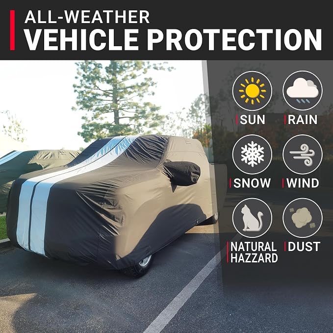 iCarCover Premium Heavy Duty Truck Car Cover - Waterproof All Weather Rain Snow UV Protection, F150 250, C/K 3500, Silverado, Ram, Tundra, Sierra, Titan, Size T70 (See Size Chart), Stripe - Black/Gray