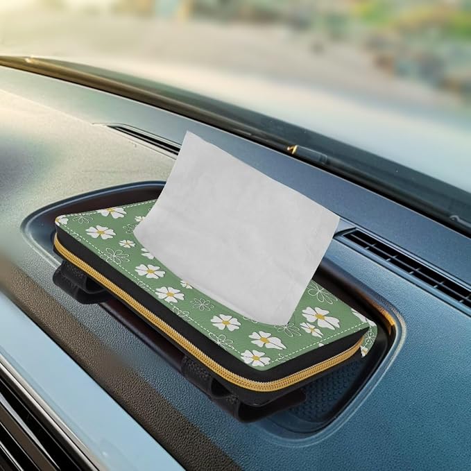 Daisies Backseat Tissue Case Holder Hanging Visor Tissue Holde PU Leather Tissue Box Napkin Holder Green