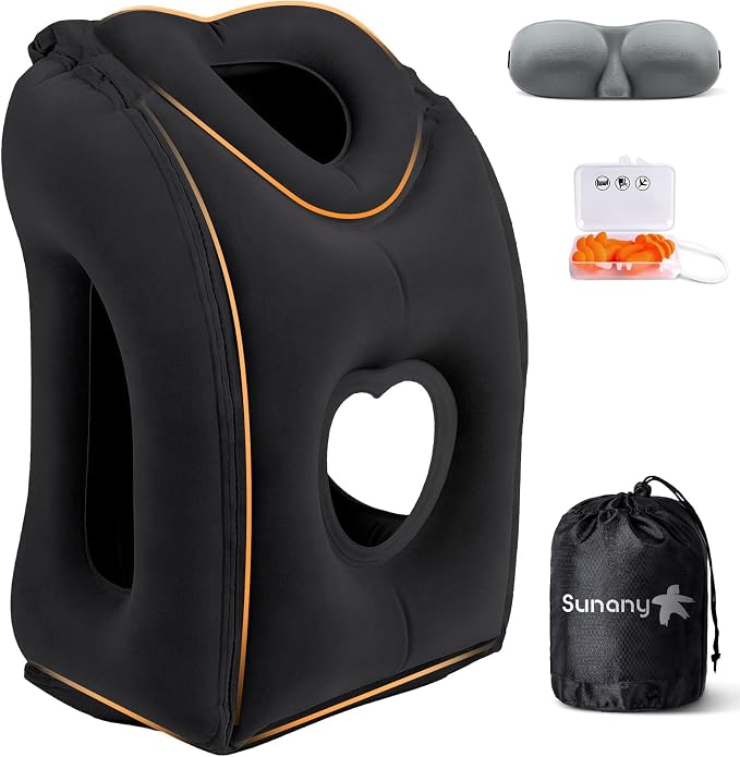 Sunany Travel Pillow, Upgraded Plane Pillow for Long Flights, Inflatable Neck Pillow Used for Airplanes,Cars,Buses,Trains,Office Napping with Eye Mask,Earplugs (Black)