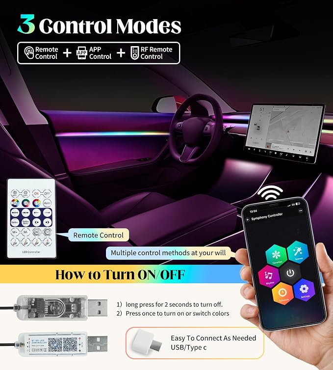 KENANEK 55.12Inch Tesla Interior Lights, 5V USB & Type-C Powered, Acrylic Interior Car LED Strip Lights, App Controlled Music Sync, OEM-Style Ambient Lighting with Dreamcolor Effects (USB-1 Light)