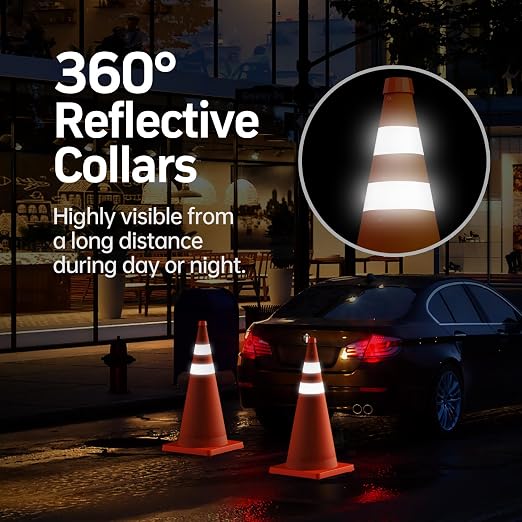 BATTIFE [10 Pack] 28 Inch Collapsible Traffic Safety Orange Cones, Multi Purpose Pop-up Cones and Reflective Collar, for Road Parking, Driving Practice