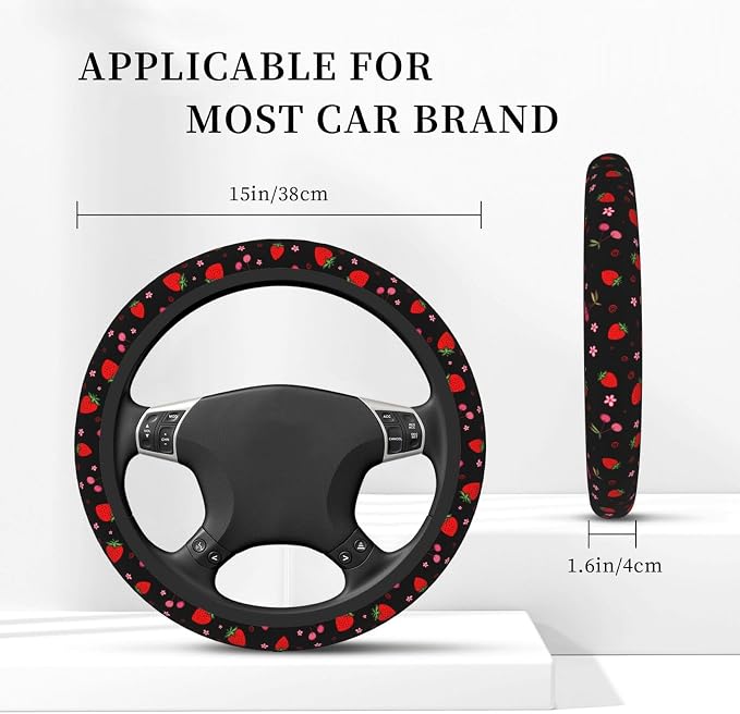 Cherry Strawberry Neoprene Steering Wheel Cover for Men Women Anti-Slip Elastic Steering Wheel Protective Cover 15in Universal Car Accessories Fit Cars, SUVs, Auto