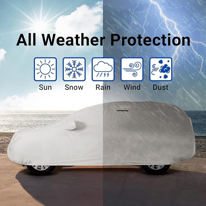 iCarCover Premium Heavy Duty SUV Car Cover - Waterproof All Weather Rain Snow UV Protection, Pilot, LR4, LX 570, 600, GV80, Land Cruiser, Model X, Size S52 (See Size Chart), Stripe - Light Gray/Black