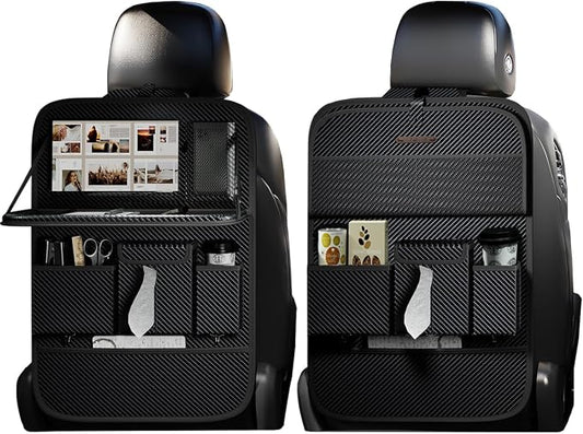 XDV Car Seat Organizers,Multi-functional Back Seat Protectors, Storage Pouches, and Tray Holders (for Cars, Kids, Seat Back and Rear Seats) (Carbon Fiber, 2 Pcs)