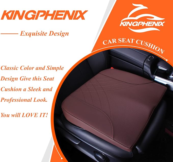 kingphenix Premium Car Seat Cushion, Memory Foam Driver Seat Cushion to Improve Driving View- Coccyx & Lower Back Pain Relief - Seat Cushion for Car, Truck, Office Chair (Leather Brown)