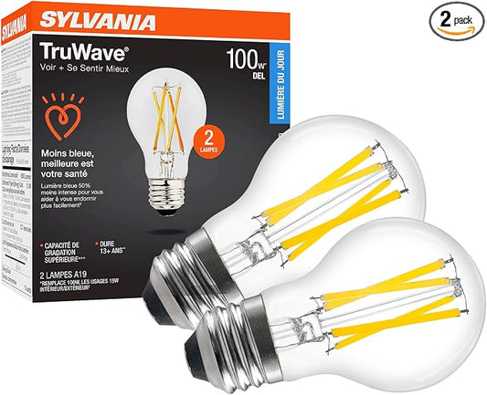 Sylvania LED TruWave Natural Series A19 Light Bulb, 100W Equivalent, Efficient 15W, 1600 Lumens, Medium Base, Dimmable, Clear, 5000K, Daylight - 2 Pack (42291)