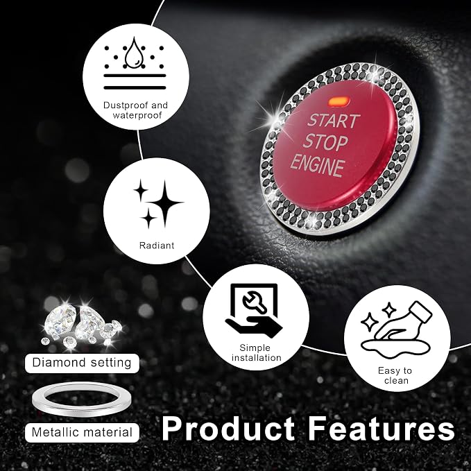 LivTee Car Engine Start Stop Decoration Ring, Crystal Double Rhinestone, Bling Car Interior Accessories for Women, Key Ignition & Knob Bling Ring, Push to Start Button Cover/Sticker, Black
