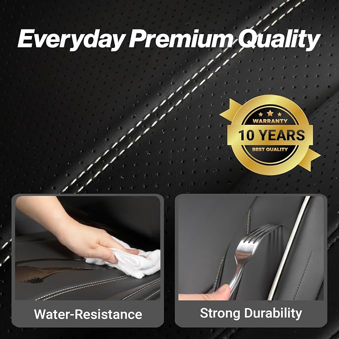 Coverland Custom Truck Car Seat Covers Front Seats for [2010-2014 F150 SVT Raptor SuperCrew Cab] - Protector Water Resistant Leather Memory Form Seat Cushion [Front - Black with White Stitching]