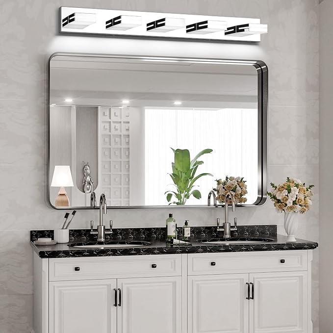 SineRise LED Modern Bathroom Vanity Light Fixtures (5-Light, 40-Inch), Chrome Modern Acrylic Bathroom Wall Lighting Fixtures Over Mirror (Cool White 6000K)