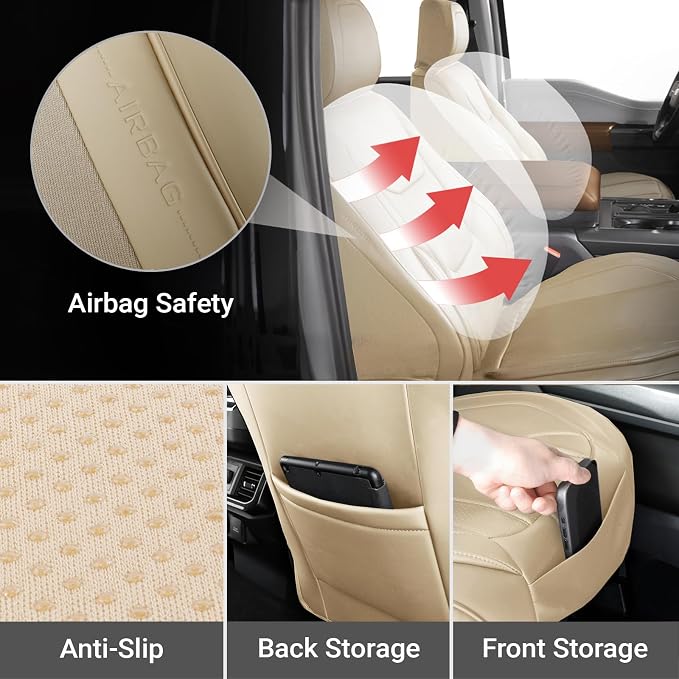 Coverland Custom Truck Car Seat Covers Front Seats for [2014-2018 Chevy Silverado 1500 Crew Cab Bucket Seats] - Protector Water Resistant Leather Memory Form Back Support Seat Cushion [Front-Beige]