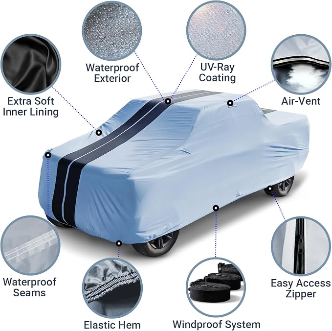 iCarCover Premium Heavy Duty Truck Car Cover - Waterproof All Weather Rain Snow UV Protection, F-150 Extended Cab, F-250, F-350 Crew Cab, Extended Cab, Size T87 (See Size Chart), Stripe - Gray/Black