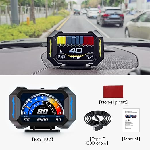OBD2 Gauge Car HUD Head Up Display Multifunction Digital,Car Speedometer Tachometer Water Temperature Oil Temperature Volt Inclinometer Boost Gauge RPM Meter fit for Most Vehicles After 2008