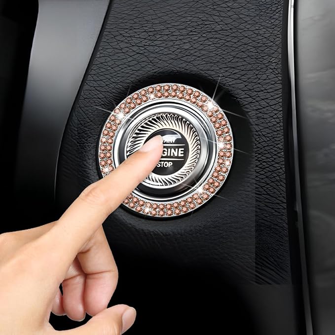 Bling Car Engine Start Ring Decals, 2PCS Sparkling Crystal Rhinestone Vehicle Push to Start Button Sticker, Diamond Auto Key Ignition Knob Decorative Ring, Universal for Vehicles (Peach Pink)