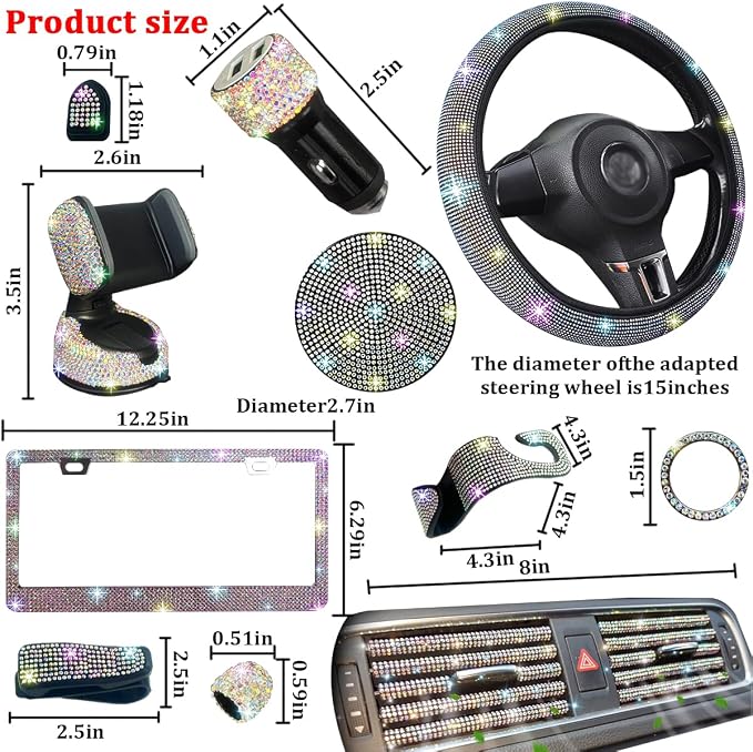 27PCS Bling Car Accessories Set for Women, 14.5-15" Crystal Rhinstone Steering Wheel Cover, License Plate Frame, USB Charger Phone Holder, Girly Auto Decor Set, Universal Fit (Multicolor)