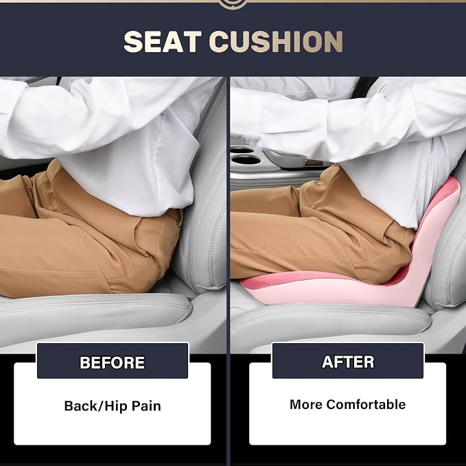 Coverado Car Seat Cushion and Lumbar Support Pillow One Piece, Memory Foam Ergonomic Back Support Driving Seat Cushion for Back Pain, Non-Slip Washable Cushion for Car, Driver, Office