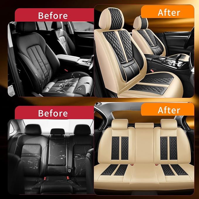 Fit Sentra Car Seat Covers Compatible with Nissan Sentra 2008-2024 2025 2026.Full Coverage Waterproof Leather,Compatible with Airbag,All - Weather Seat Cushion Protector(Full Set,Beige)