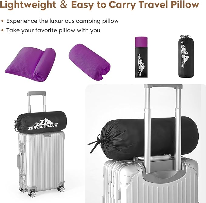 Small Shredded Memory Foam Pillow, Camping Pillow Travel Pillow - Compressible Medium Firm, Breathable Cover, Ideal Backpacking Hiking, Airplane and Car (Purple, L)